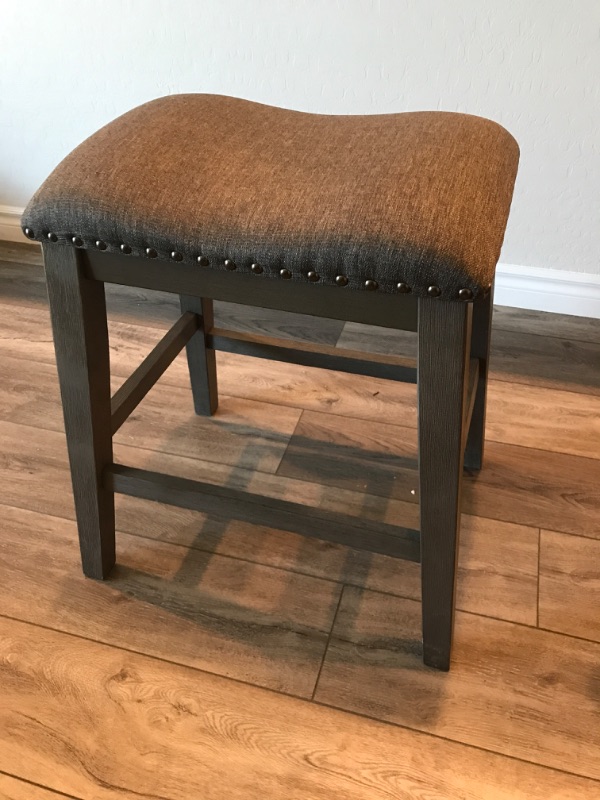 Photo 3 of 2 HOME-ROOTS HEIGHT SADDLE STYLE COUNTER STOOL W/ NAIL HEAD TRIM 19”x15”x23” - MORE IN AUCTION