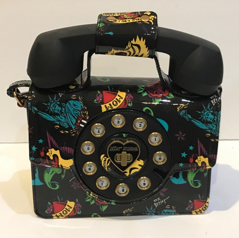 Photo 1 of BETSEY JOHNSON KITSCH BLACK PATENT TATTOO TELEPHONE CROSSBODY PURSE