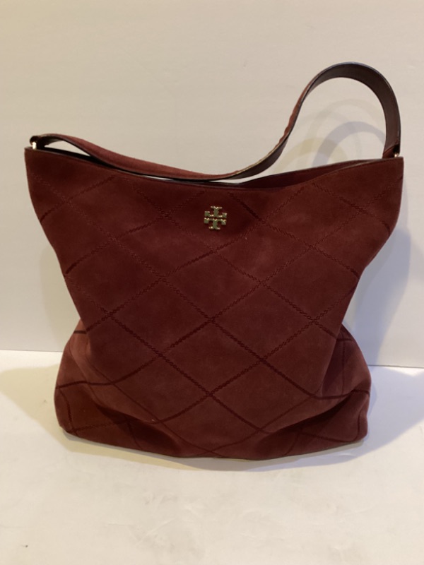 Photo 1 of TORI BURCH PORT FRIDA PURPLE MAROON STITCHED SUEDE HOBO TOTE HANDBAG