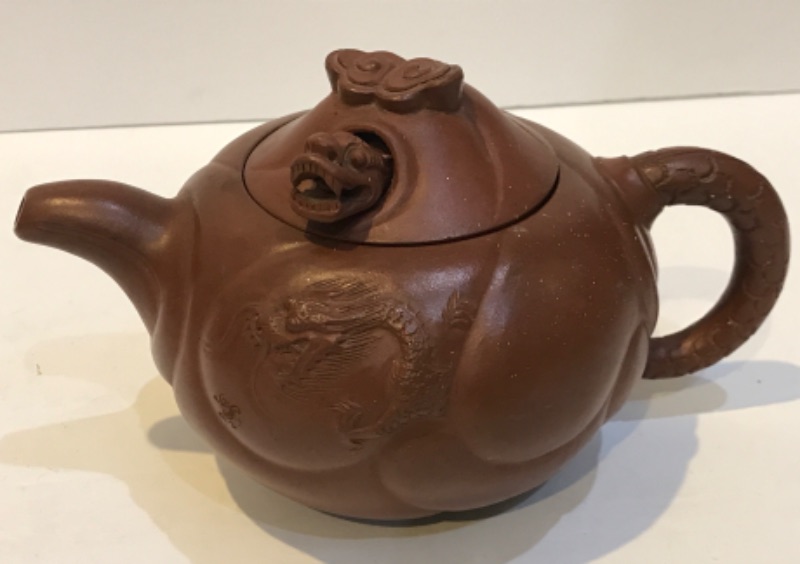 Photo 1 of VINTAGE CHINESE YIXING TEAPOT MOULDED WITH DRAGONS 20TH CENTURY