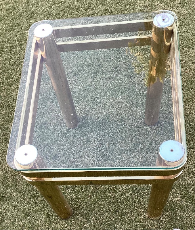 Photo 3 of MID CENTURY BRASS TUBULAR END TABLE 25”x25”x23” - MORE OF THIS COLLECTION IN AUCTION
