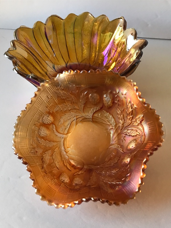 Photo 1 of CARNIVAL GLASS LEAF PATTERN CANDY DISHES