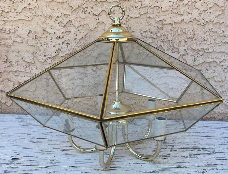 Photo 1 of  VINTAGE BEVELED GLASS AND BRASS LARGE HANGING CHANDELIER