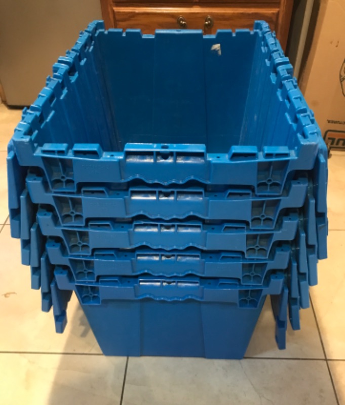 Photo 1 of INDUSTRIAL PLASTIC TOTE BOX TURNOVER BOX WITH ATTACHED LID 28”x 20”x 16”