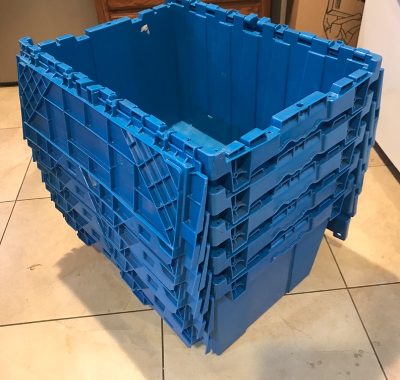 Photo 1 of INDUSTRIAL PLASTIC TOTE BOX TURNOVER BOX WITH ATTACHED LID 28”x 20”x 16”