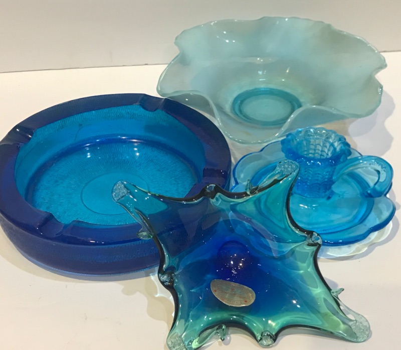 Photo 1 of VINTAGE MURANO ART GLASS HAND BLOWN BLUE GLASS CANDY DISH AND ASHTRAY AND MORE