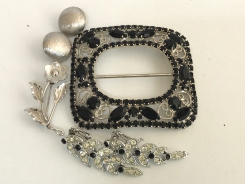 Photo 1 of ANTIQUE VICTORIAN FACETED BLACK GLASS FILIGREE MOURING BELT BUCKLE AND STERLING SILVER BROOCH