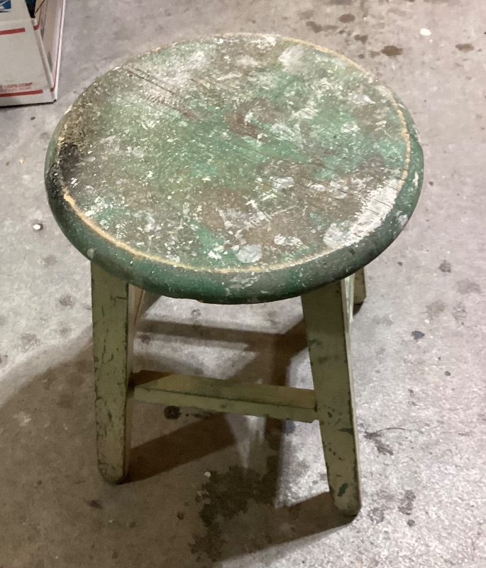Photo 1 of VINTAGE PAINTED TURQUOISE GREEN WOODEN STOOL 12” DIA x 15” H