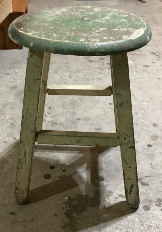 Photo 2 of VINTAGE PAINTED TURQUOISE GREEN WOODEN STOOL 12” DIA x 15” H