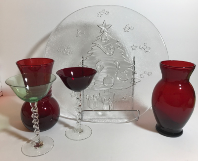 Photo 1 of RUBY RED VINTAGE VASES WITH CHRISTMAS PLATER