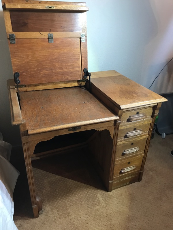 Photo 2 of ANTIQUE WOODEN SEWING DESK w/ KEY