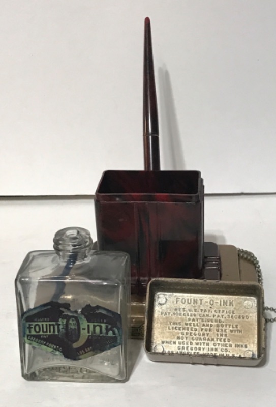 Photo 1 of ART DECO GREGORY FOUNT-O-INK DIP PEN INK WELL WITH ORIGINAL BOTTLE