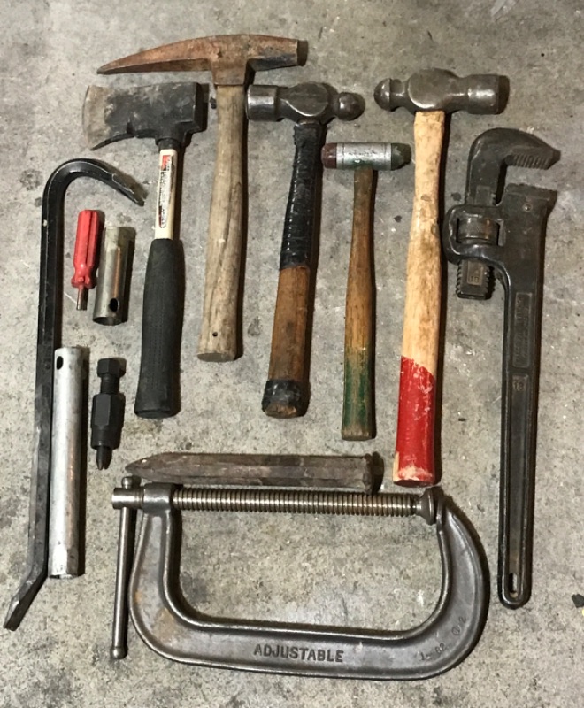 Photo 1 of COLLECTION OF HAND TOOLS BALL PING HAMMER / C- CLAMP / HACHET AND MORE