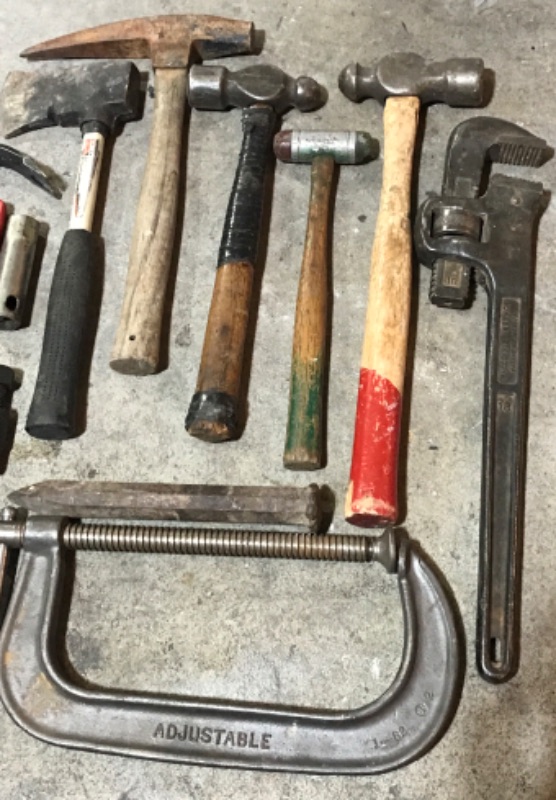 Photo 2 of COLLECTION OF HAND TOOLS BALL PING HAMMER / C- CLAMP / HACHET AND MORE