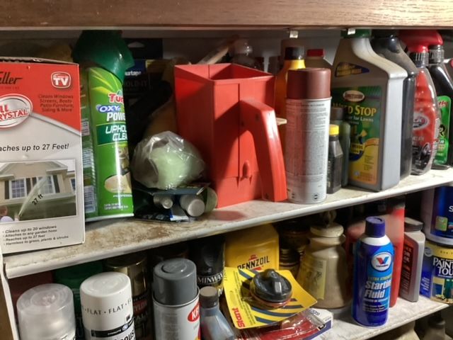 Photo 2 of CONTENTS OF THREE SHELVES- PAINT/ OIL / CLEANING SUPPLIES/ SPRAY PAINT/ BUG SPRAY AND MUCH MORE