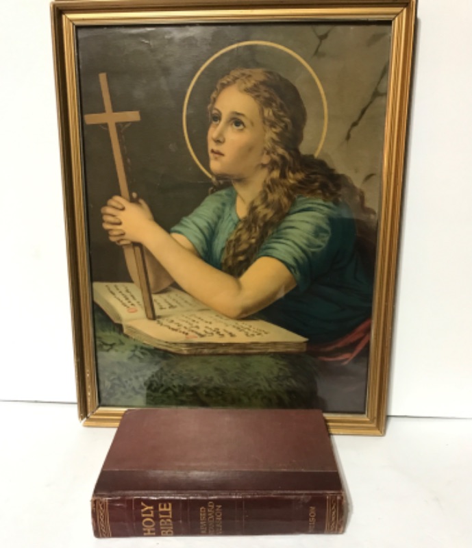 Photo 1 of ANTIQUE FRAMED FRENCH OIL PAINTING PORTRAIT PRINT OF MARY MAGDALENE AND VINTAGE  BIBLE