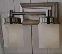 Photo 1 of NEW HAMPTON BAY CADE 2-LIGHT BRUSHED NICKEL FINISH VANITY FIXTURE W FROSTED WHITE GLASS SHADES 11.7” X 6” H9.5”