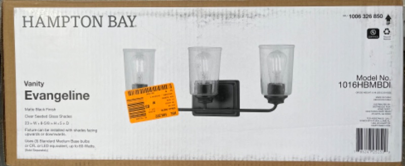 Photo 4 of HAMPTON BAY EVANGELINE FARMHOUSE MATTE BLACK CLEAR GLASS SHADE 3 LIGHT VANITY FIXTURE LIGHT 785247251599