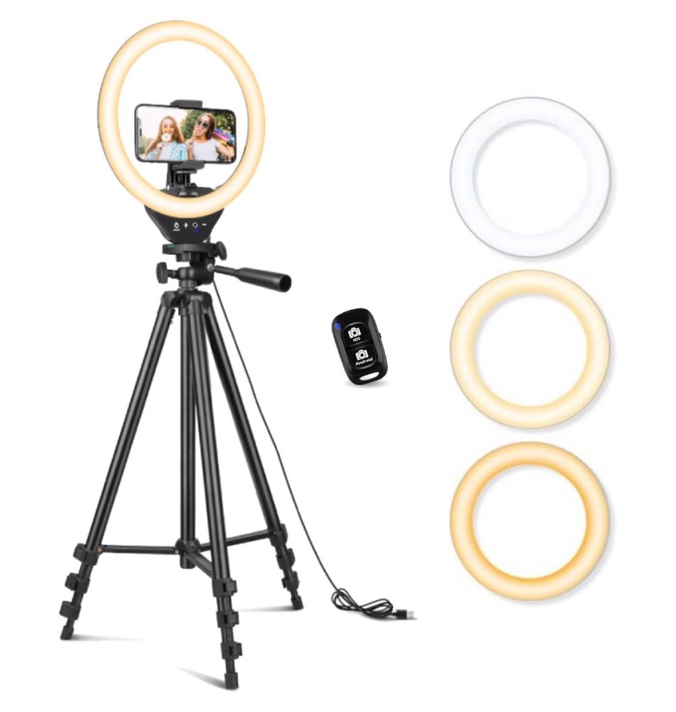 Photo 1 of SENSYNE 10” TOUCHABLE RING LIGHT W 50” EXTENDABLE TRIPOD STAND, LED CIRCLE LIGHTS W PHONE HOLDER & WIRELESS REMOTE SHUTTER, COMPATIBLE W ALL PHONES, NATURE