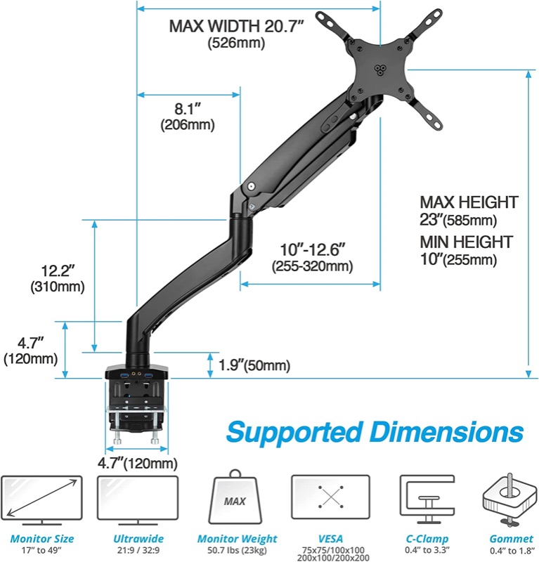 Photo 2 of AVLT Single 17”-49” Monitor Arm Desk Mount fits One 50.7 lb Heavy Duty Monitor Full Motion Height Swivel Tilt Rotation Adjustable Monitor Black Arm VESA 200x200 200x100 100x100 75x75