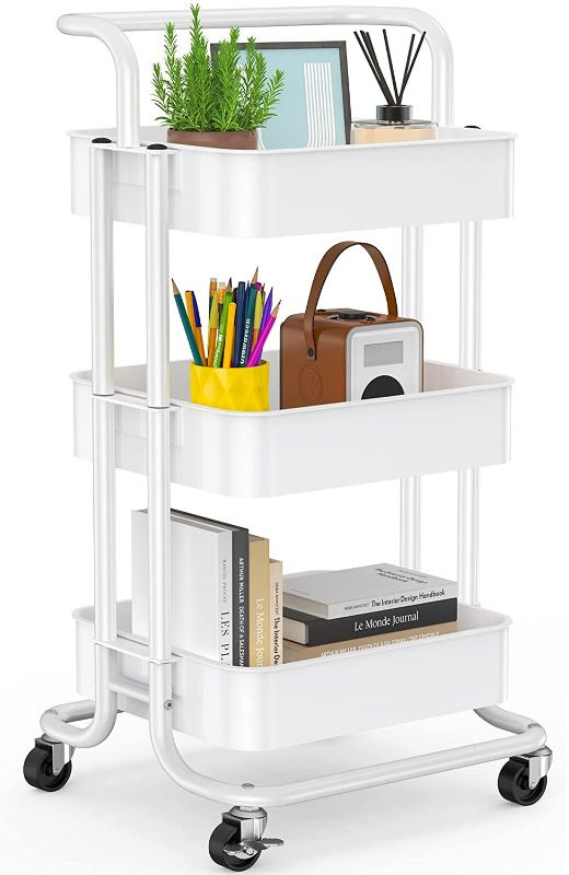 Photo 1 of 3 Tier Mesh Utility Cart, Rolling Metal Organization Cart with Handle and Lockable Wheels, Multifunctional Storage Shelves for Kitchen Living Room Office White