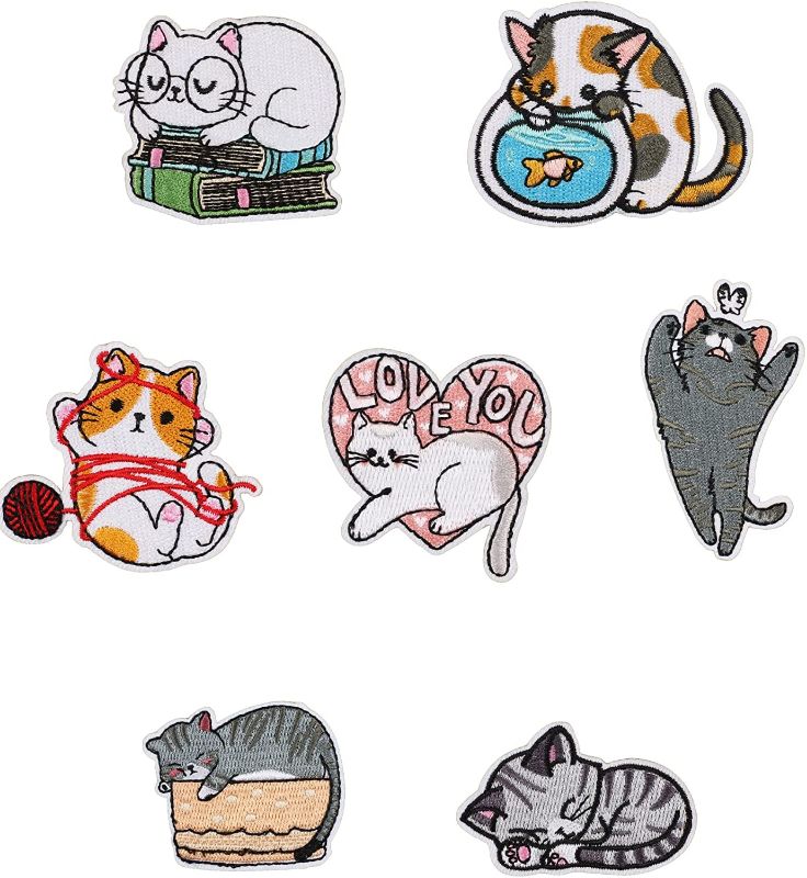 Photo 1 of Cat Patches, Lucky 7PCS Cute Cat Iron on for Kids Handbags Jackets Jeans Clothes, Embroidery Patches for Clothes Backpacks, Sewing Applique DIY Accessories AND A More Baby feet Rainbow Retractable ID Card Badge Holder with Alligator Clip, Name Nurse Decor