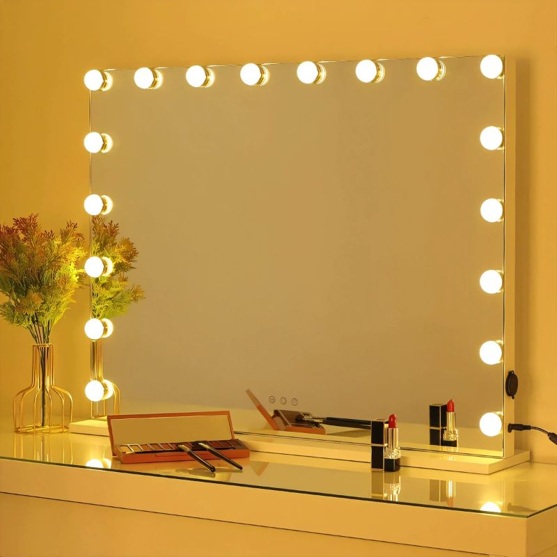 Photo 1 of OUO Lighted Hollywood Makeup Mirror Extra Large, Smart Touch Screen Vanity Mirror with 18 Dimmable LED Bulbs, 3 Color Lighting Modes, Tabletop Wall-Mounted Mirror with USB Port, White, W31.5 X H23.6