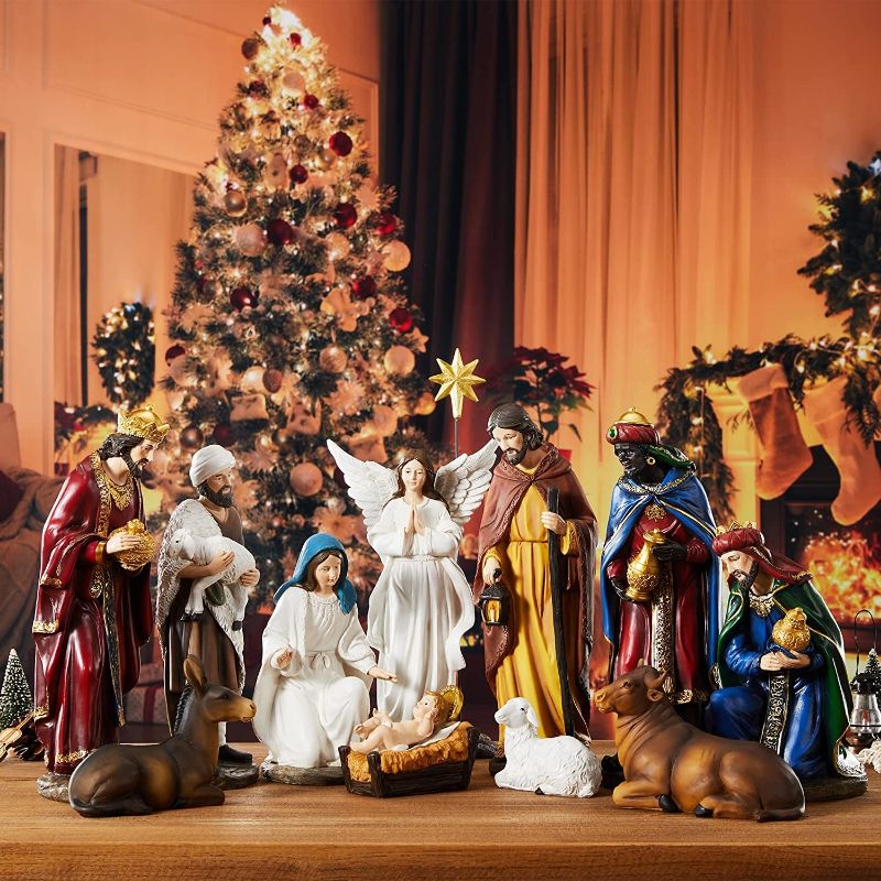 Photo 1 of BESBLEE Nativity Sets for Christmas Indoor Set of 13 Pieces 11.8 Inches Resin Figurines Holiday Decorations Nativity Scene Tabletop Decor Religious Collection Gifts