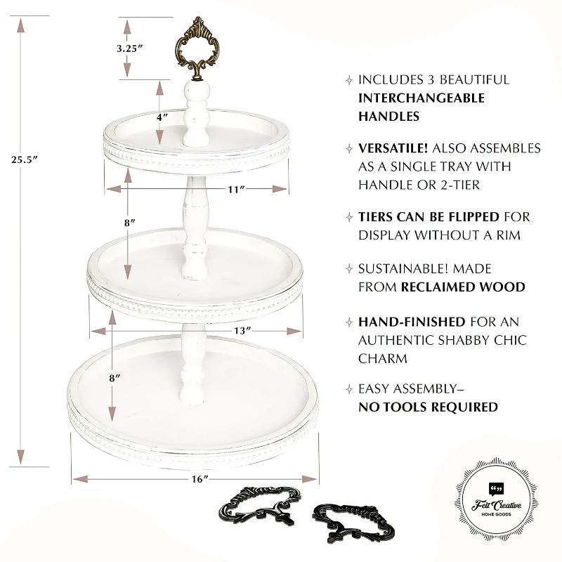 Photo 2 of 3-Tiered Tray Wooden Serving Standby Felt Creative Home Goods. Large Shabby Chic Beaded Tray for Home Decor Display Farmhouse Country Decoration Kitchen or Dining. Includes 3 Custom Handles (White)