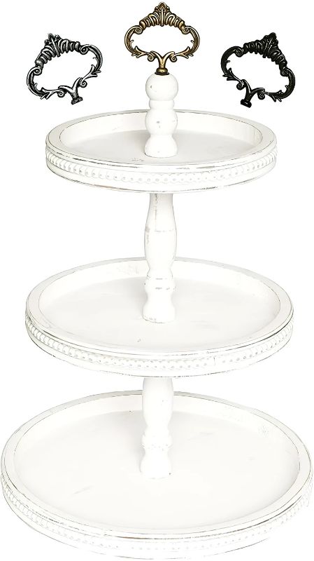 Photo 1 of 3-Tiered Tray Wooden Serving Standby Felt Creative Home Goods. Large Shabby Chic Beaded Tray for Home Decor Display Farmhouse Country Decoration Kitchen or Dining. Includes 3 Custom Handles (White)