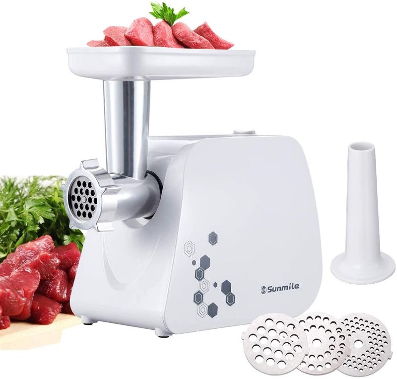 Photo 1 of Sunmile Electric Meat Grinder and Sausage Maker - 1HP 1000W Max - Stainless Steel Cutting Blade and 3 Grinding Plates,1 Big Sausage Staff Maker (White)
