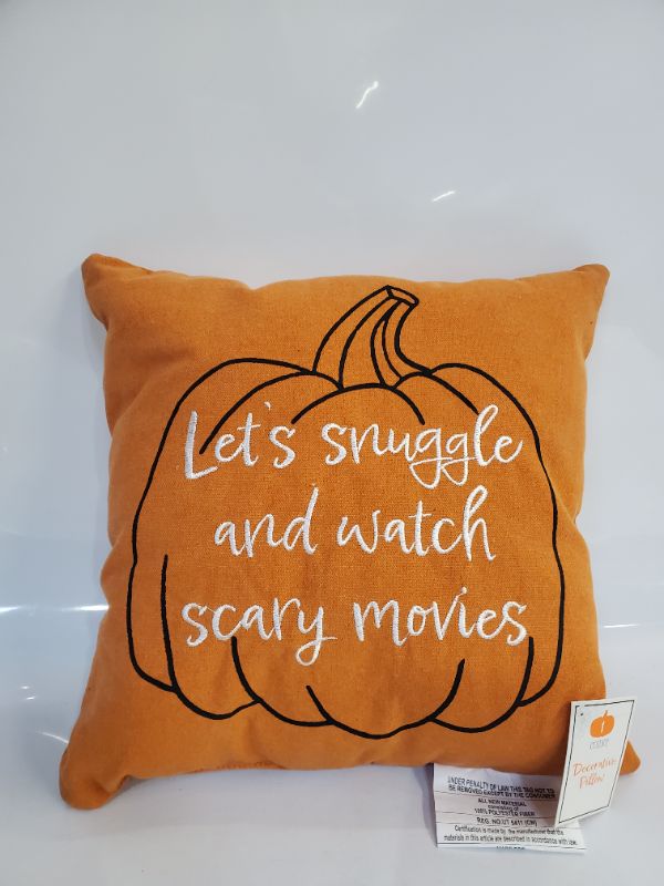 Photo 1 of "LET'S SNUGGLE AND WATCH SCARY MOVIE" HALLOWEEN DECORATIVE THROW PILLOW - 14" X 14"