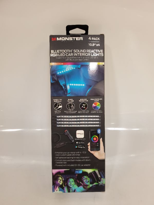 Photo 3 of Monster Bluetooth Sound-Reactive LED Car Interior Lights, Customizable,  Easily Fits Anywhere with Adhesive Backing, Directly Powered from DC Port Via Adapter, 4 PC 
