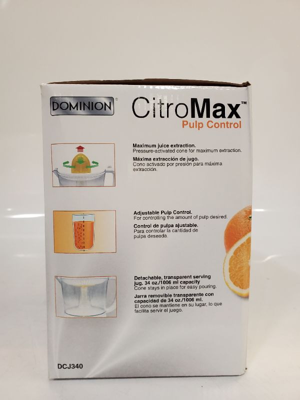 Photo 5 of Dominion BPA-Free CitroMax Electric Citrus Juicer Extractor, Compact Volume Pulp Control, Oranges, Lemons, Limes, Grapefruits with Easy Pour Spout, 34oz, White