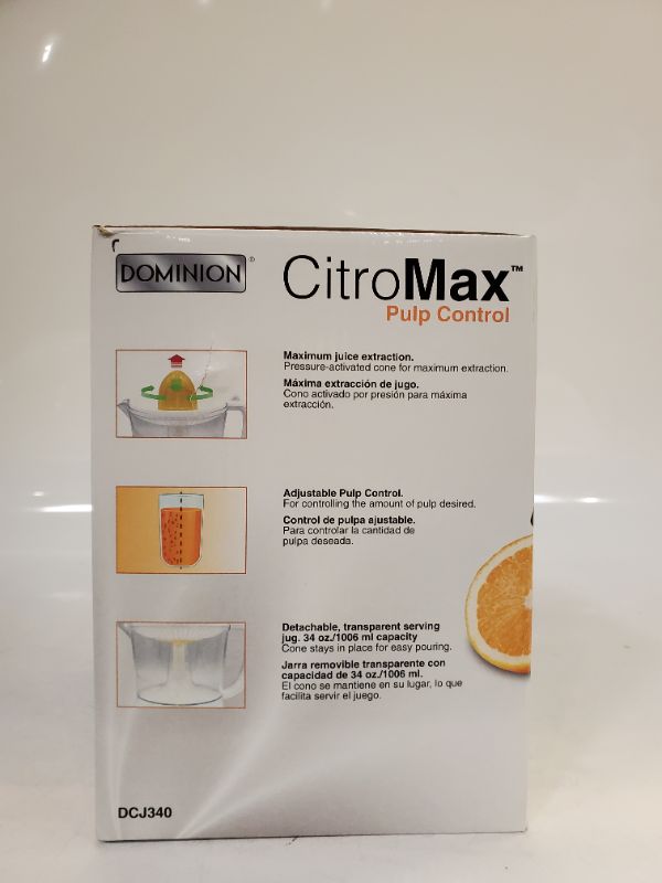 Photo 3 of Dominion BPA-Free CitroMax Electric Citrus Juicer Extractor, Compact Volume Pulp Control, Oranges, Lemons, Limes, Grapefruits with Easy Pour Spout, 34oz, White