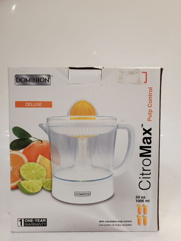 Photo 4 of Dominion BPA-Free CitroMax Electric Citrus Juicer Extractor, Compact Volume Pulp Control, Oranges, Lemons, Limes, Grapefruits with Easy Pour Spout, 34oz, White