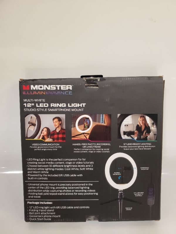 Photo 3 of Monster 12” LED Ring Light Smartphone Mount, for Live Streaming, TikTok, Instagram, 10 Brightness Settings/3 Multi-White Modes, Tripod Included/Flexible Gooseneck Mount, USB-Powered with 6ft Cable