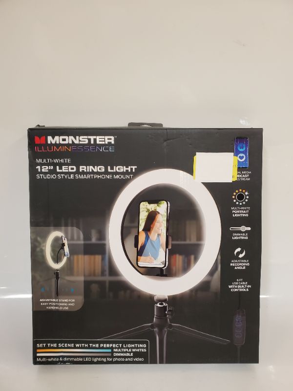 Photo 1 of Monster 12” LED Ring Light Smartphone Mount, for Live Streaming, TikTok, Instagram, 10 Brightness Settings/3 Multi-White Modes, Tripod Included/Flexible Gooseneck Mount, USB-Powered with 6ft Cable