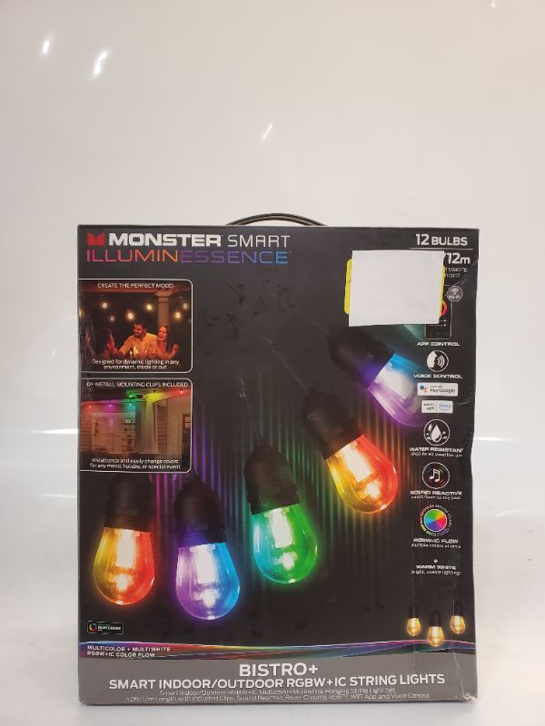 Photo 2 of Monster Smart Illuminessence 40ft Bistro+ Patio String Light, Unique Multi-Color/LED Lighting, Indoor/Outdoor, Waterproof, Customizable Via Downloadable App, Works With Alexa/Google Assistant/Siri