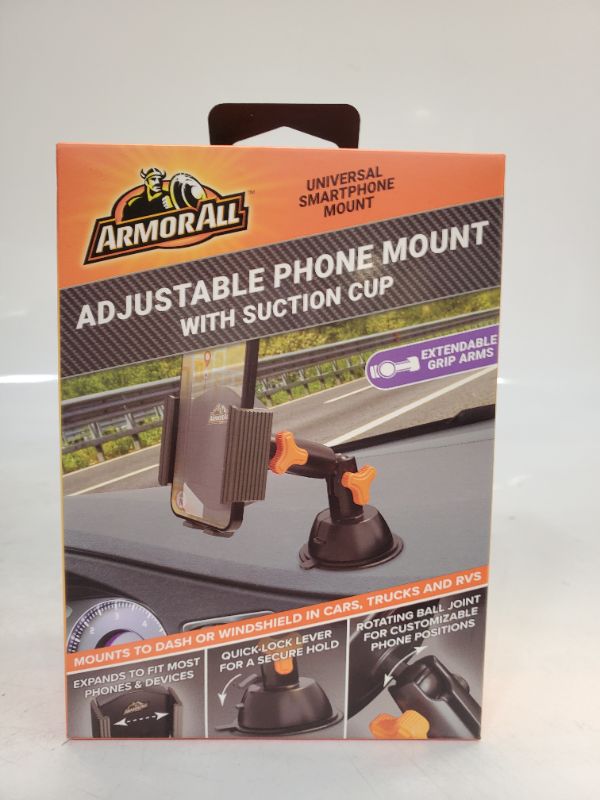 Photo 2 of Armor All Adjustable Phone Mount With Suction Cup, Expandable Arms Secure Any Smartphone, Easy Fit To Dashboard, Turns 360 Degrees For Best Angle, Attachable Cord Clip For Charging Cable Included