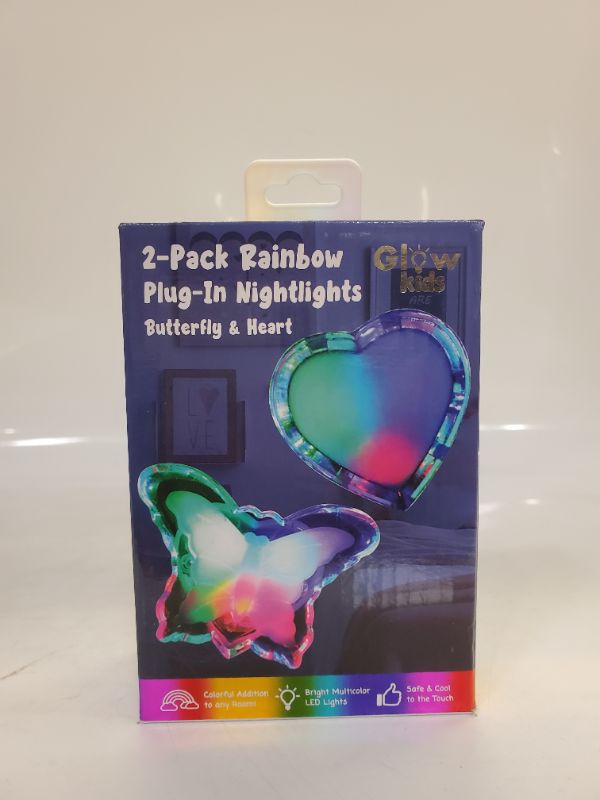 Photo 1 of GLOW KIDS - 2-PC Rainbow Glow Plug-In Nightlights Butterfly & Heart
