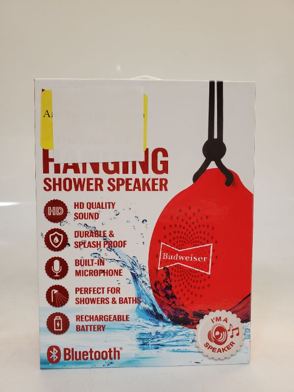 Photo 2 of Budweiser Hanging Shower Speaker - HD Quality Sound - Durable & Splash Proof - Built in Microphone - Perfect for Showers & Baths - Rechargeable Battery