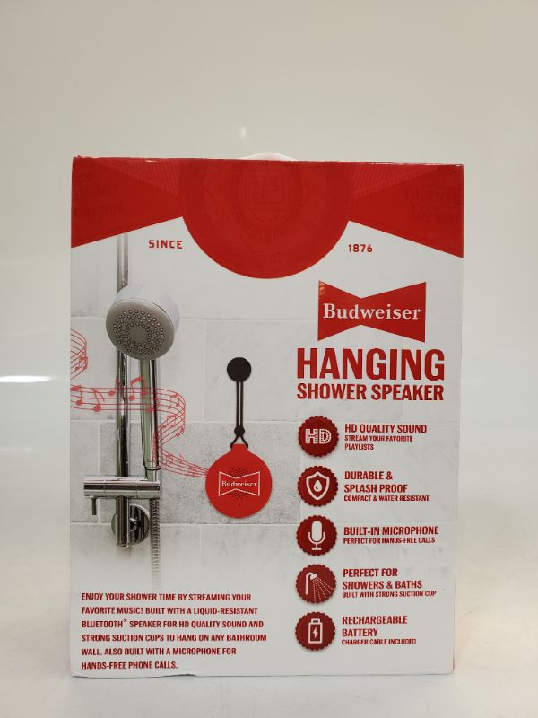 Photo 4 of Budweiser Hanging Shower Speaker - HD Quality Sound - Durable & Splash Proof - Built in Microphone - Perfect for Showers & Baths - Rechargeable Battery