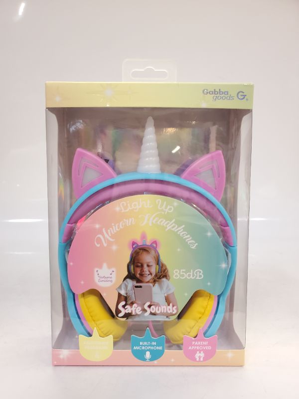Photo 2 of Gabba Goods Premium Kid's/Children's SafeSounds LED Light Up in The Dark Unicorn Over The Ear Comfort Padded Stereo Headphones with AUX Cable | Earphones - 85 Decibels Rainbow Unicorn