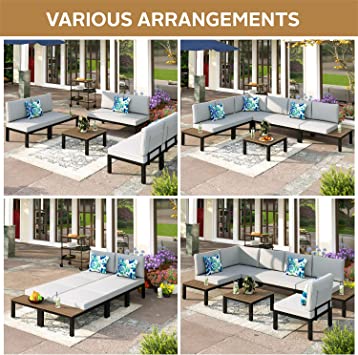 Photo 2 of PHI VILLA  Metal Outdoor Sectional Sofa Set - Patio Loveseat Conversation Sets with Coffee Table & Cushions Garden Furniture Sets, Light Grey