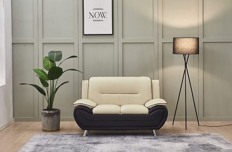 Photo 2 of Kingway Faux Leather Living Room Loveseat in Black and Beige 