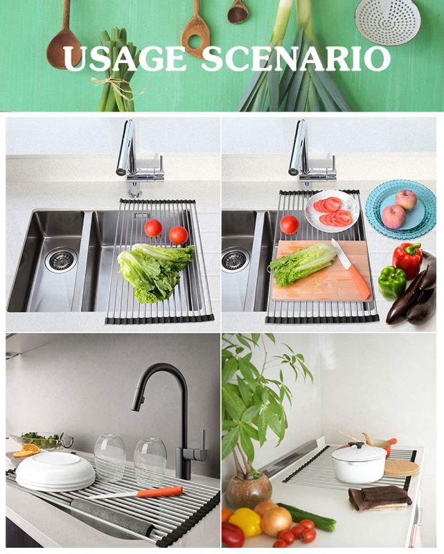 Photo 1 of Dish Drying Rack Large Stainless Steel Over The Sink Folding Roll-Up Dish Draining Rack -  (Black)