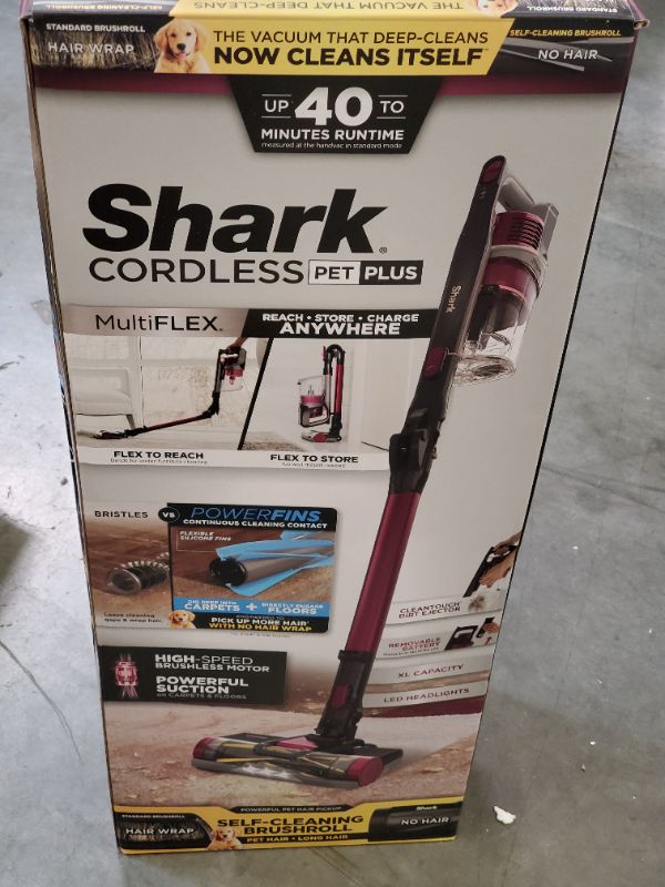 Photo 3 of Shark IZ163H Pet Plus Cordless Stick Vacuum with Self-Cleaning Brushroll, PowerFins, MultiFLEX, Crevice Tool & Pet Multi-Tool, 40-min Runtime, Raspberry Shark IZ163H Rocket Pet Pro Cordless Stick Vacuum Raspberry