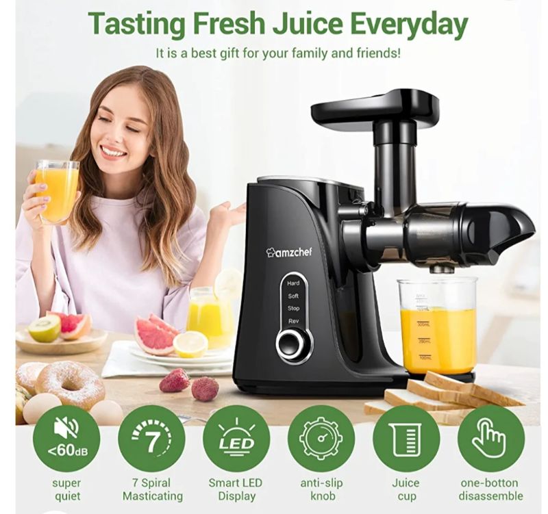 Photo 3 of Juicer Machines,AMZCHEF Slow Masticating Juicer Extractor, Cold Press Juicer with Two Speed Modes, Travel bottle(500ML),LED display, Easy to Clean Brush & Quiet Motor for Vegetables & Fruits (Black) gm3001 