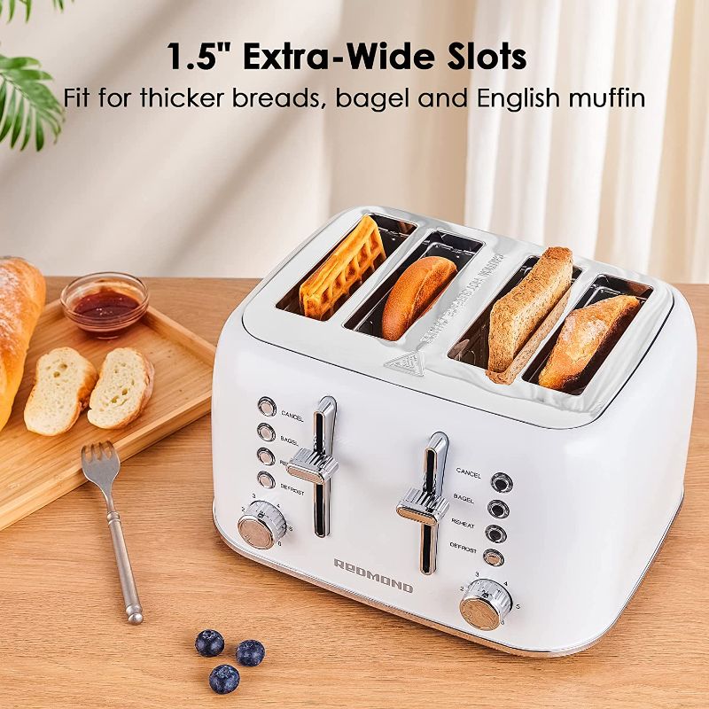 Photo 2 of REDMOND Toaster 4 Slice, Retro Stainless Steel Toaster with Extra Wide Slots Bagel, Defrost, Reheat Function, Dual Independent Control Panel, Removable Crumb Tray, 6 Shade Settings and High Lift Lever, White 